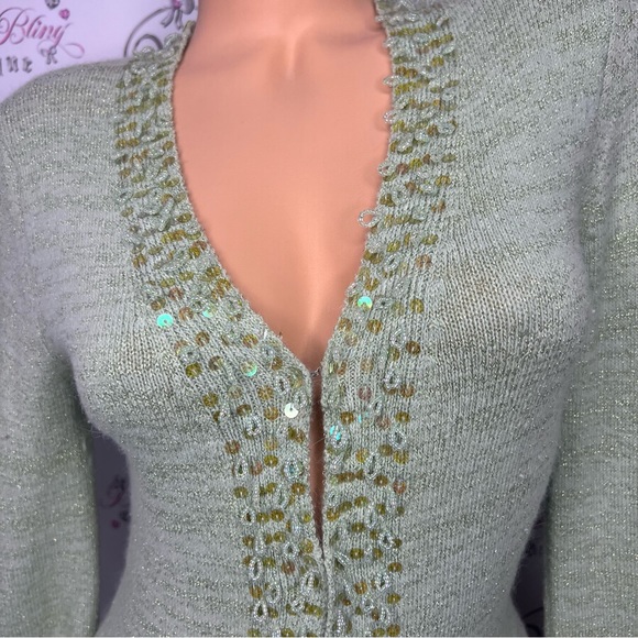 Y2k sparkly green cardigan sequins beaded glitter silver thread fairy π§ vibes - Picture 4 of 14